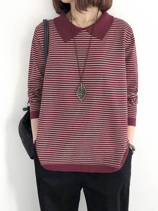 Casual Loose 5 Colors Striped Lapel Collar Long Sleeves Sweater Top