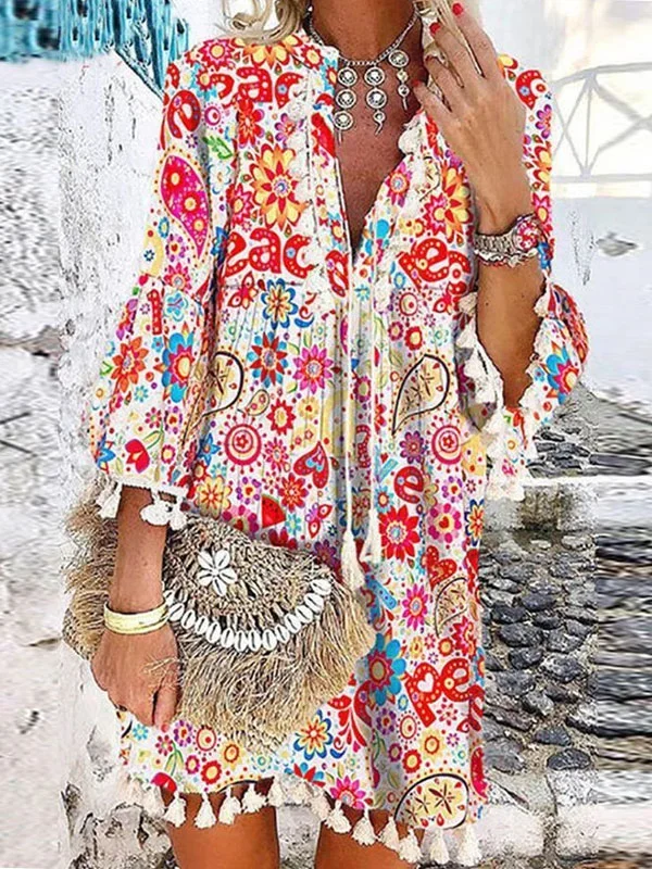 Color Printed V-neck Fringed Dress