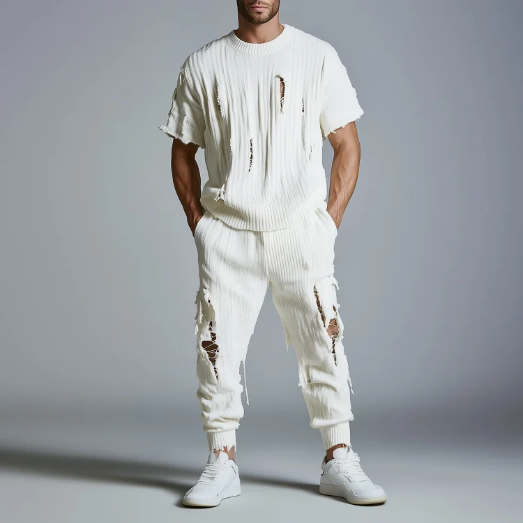 Okaywear Knit Ripped T-Shirt & Pocket Jogger Pants 2Pcs Set Okaywear