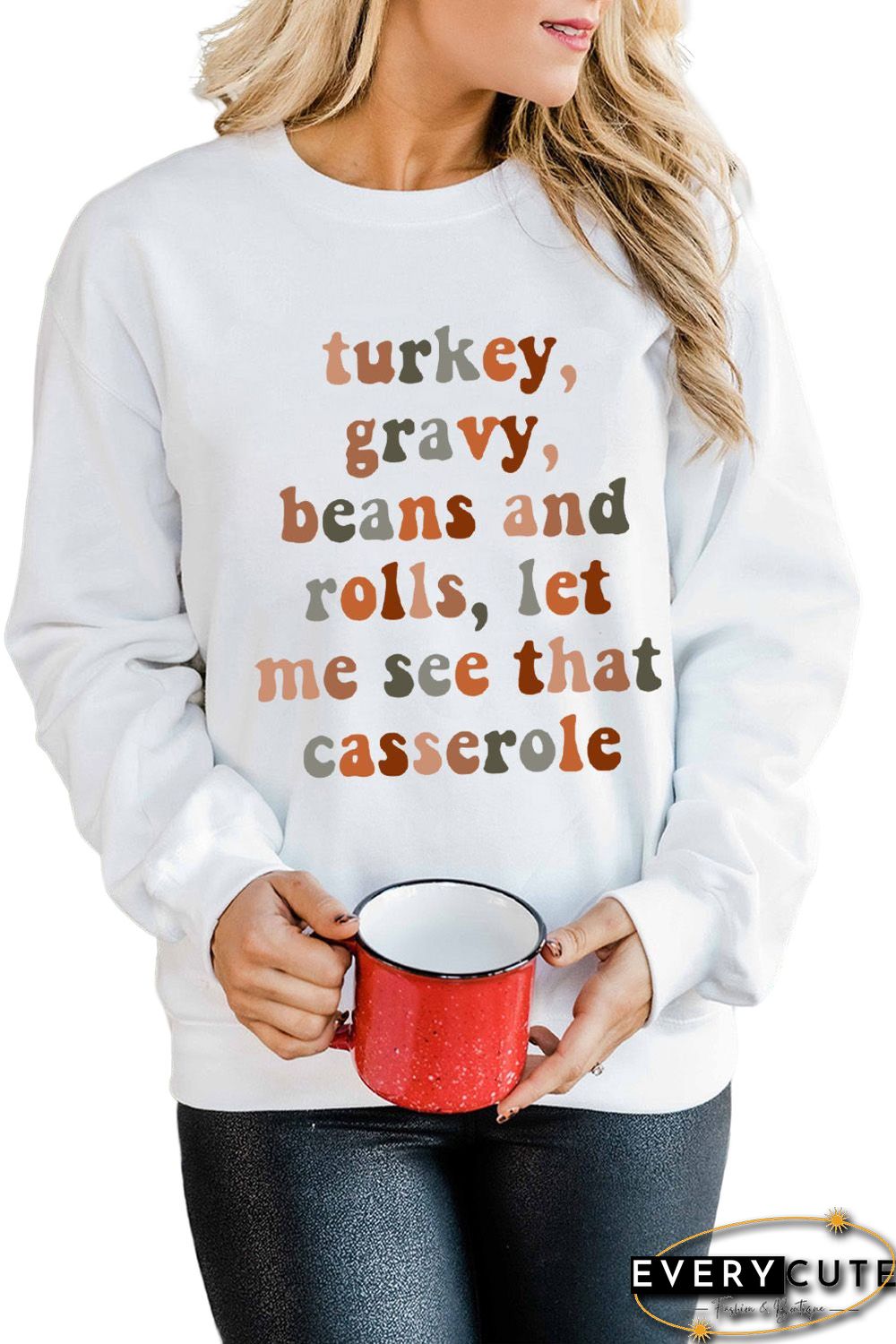White Thanksgiving Letter Graphic Print Long Sleeve Sweatshirt