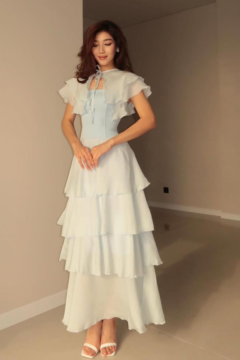 Oknass Strapless Sleeveless Long Prom Dress With Ruffles Pleated Shawl