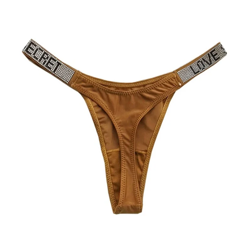 Meet'r Letter LOVE Rhinestone Sexy Underwear Luxury Satin G String Panties Women Low Waist Thong Seamless Female Lingerie