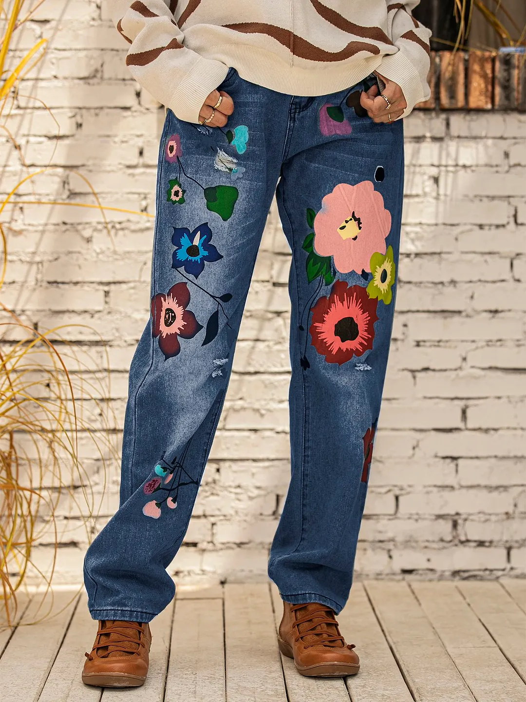 All Season Denim Floral Casual Jeans