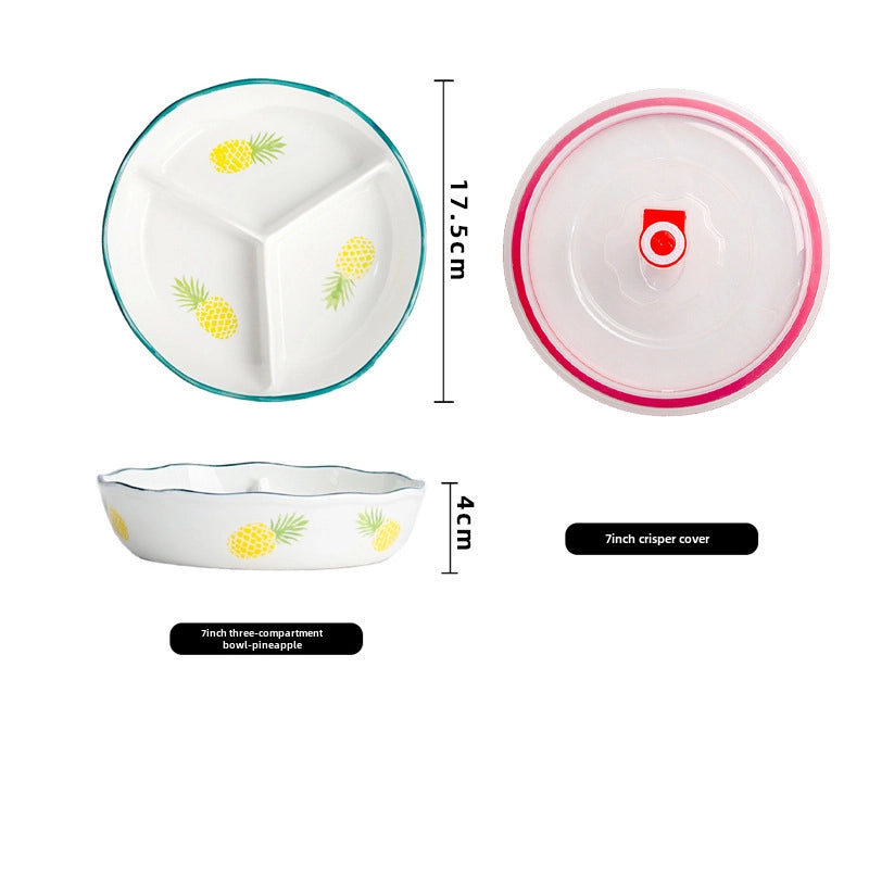 Ceramic Compartment Deep Bowl With Lid Sealed Partition Bowl Heat-resistant Microwave Oven Special Three-compartment Bowl Plate Snack Lunch Box