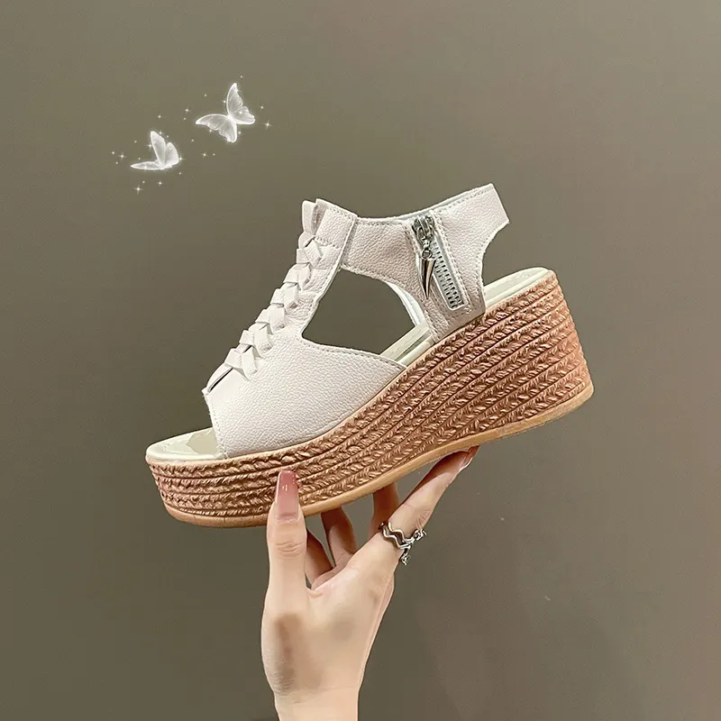 Breakj Breakj With Loose Cakes And Women's Sandals New Fish Mouth Slope Heels High-Heeled Sandals Hollow Zipper Women's Shoes 35-43 7CM
