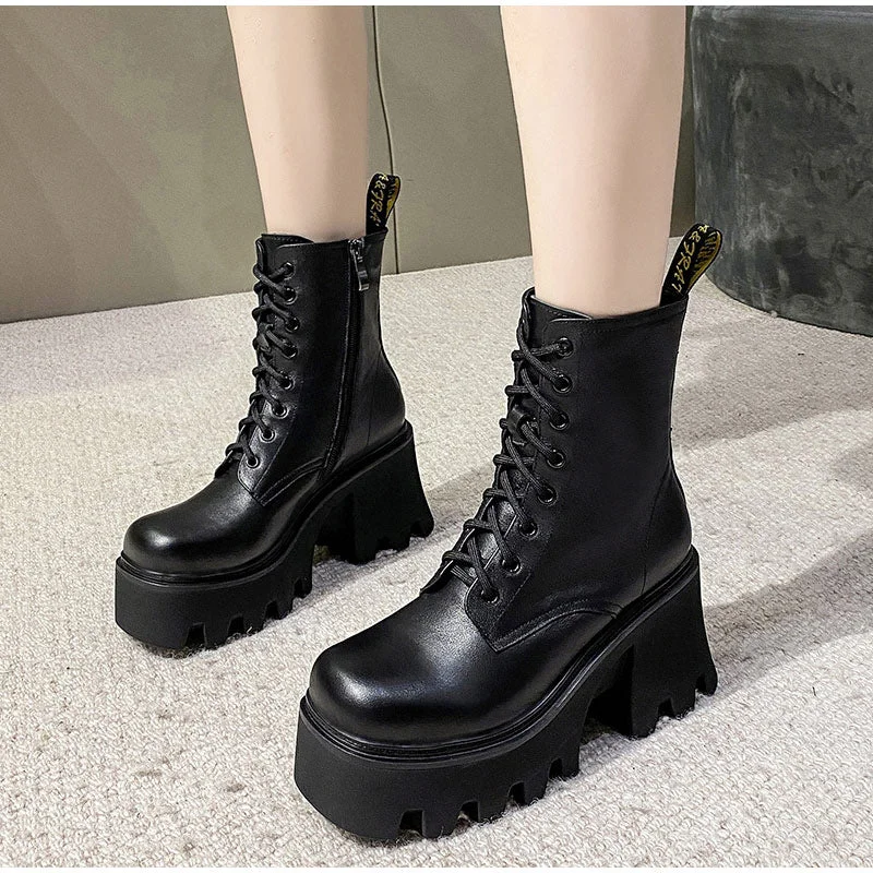 Fashion Platform Chelsea Boots For Women Chunky Heels Ladies Leather Shoes Autumn Winter Slip On Square Toe Female Ankle Boots