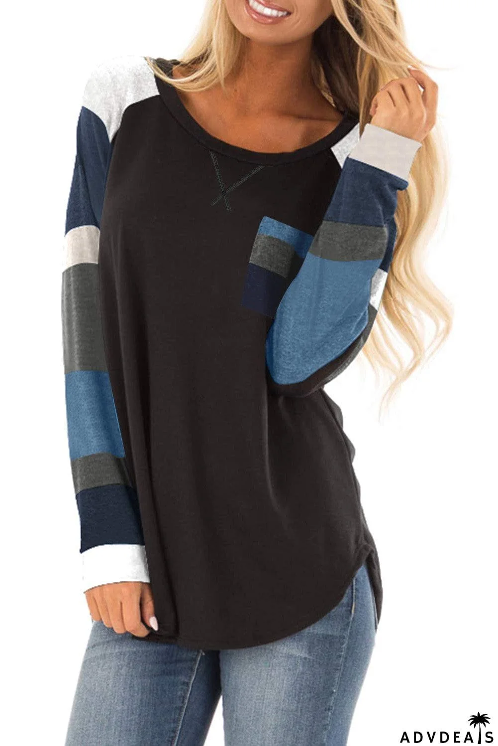 Color Block Striped Pocket Long Sleeve Top