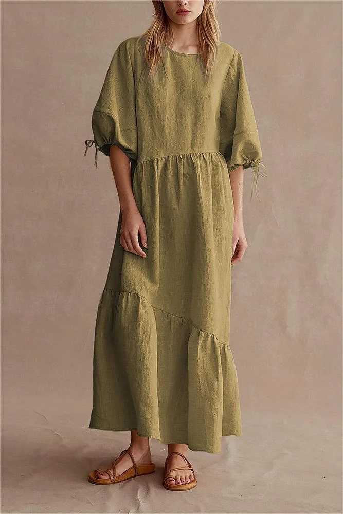 Lantern Sleeve Crew Collar Lace Up Maxi Dress