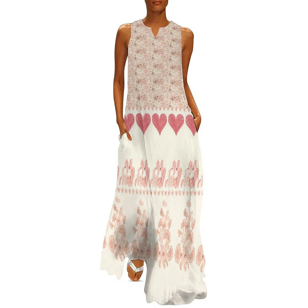 Style & Comfort for Mature Women Plus Size Printed Sleeveless Casual Women Maxi Dress with Pockets in Pattern Floral, Pink, Heart