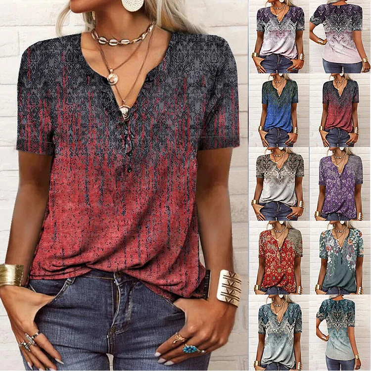 Women Floral V Neck Short Sleeve T Shirt Blouse Casual Loose Tunic Tops Summer