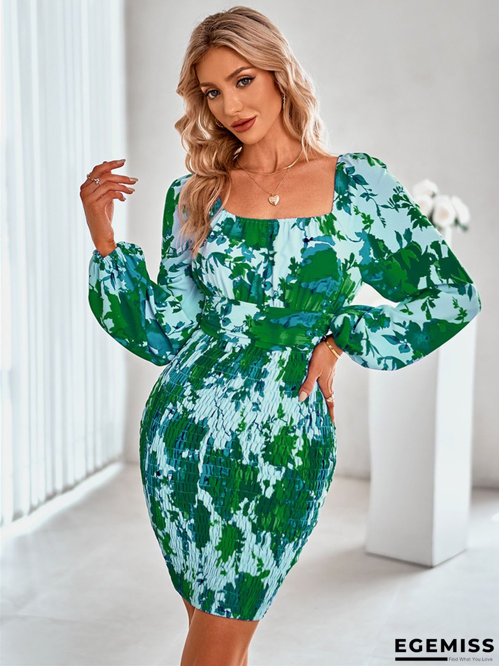 Fashion Long Sleeve Slim Print Hip Dress | EGEMISS