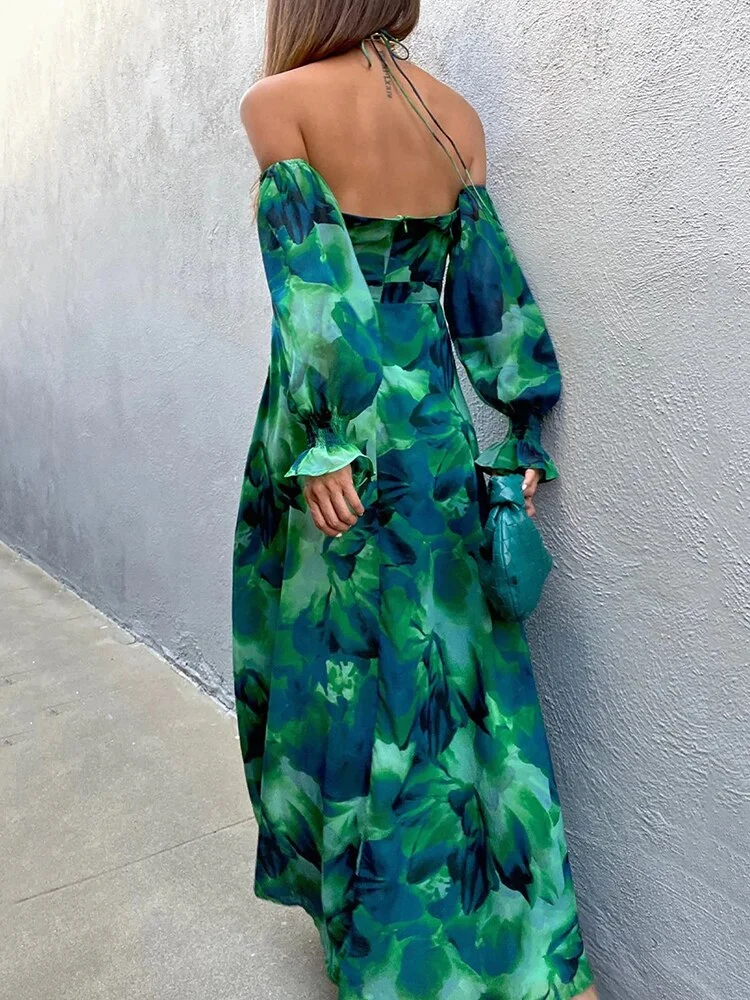 Oocharger Green Print Maxi Dress For Women 2023 Summer New Off-shoulder Backless Thigh High Split Printed Long Dress Vestidos