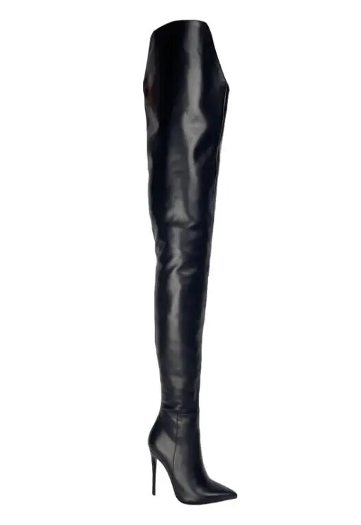 VCSHOES Black Red Thigh Boots High Heels Women PU Leather Over The Knee Boots Female Back Zip Pointed Toe Large Size Shoes 44
