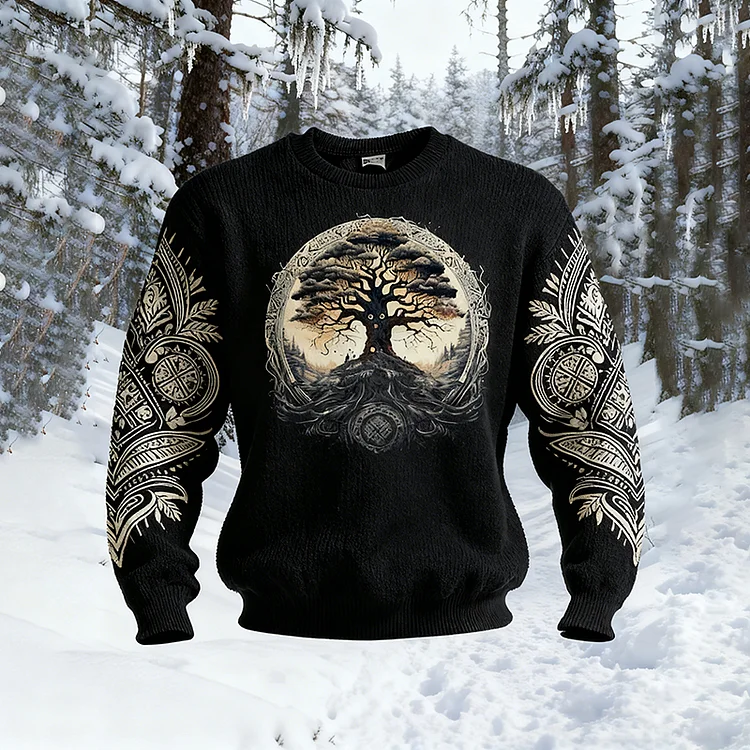 Men's Retro Viking Style Tree Of Life Pattern Crew Neck Comfortable Knit Sweater