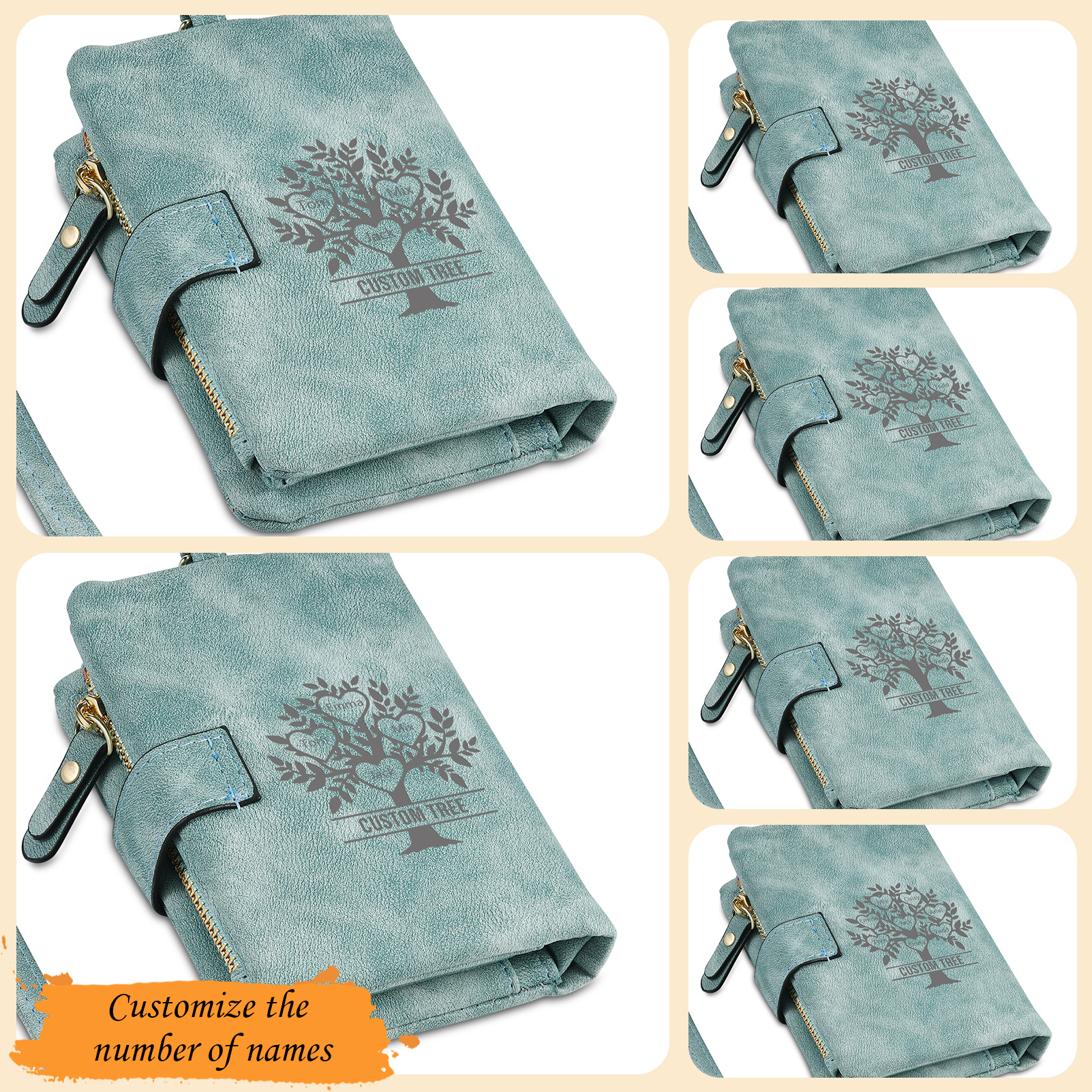 Portafoglio Albero della vita in PU pelle con 3 nomi & 1 testo & 1 lettera personalizzati per donna