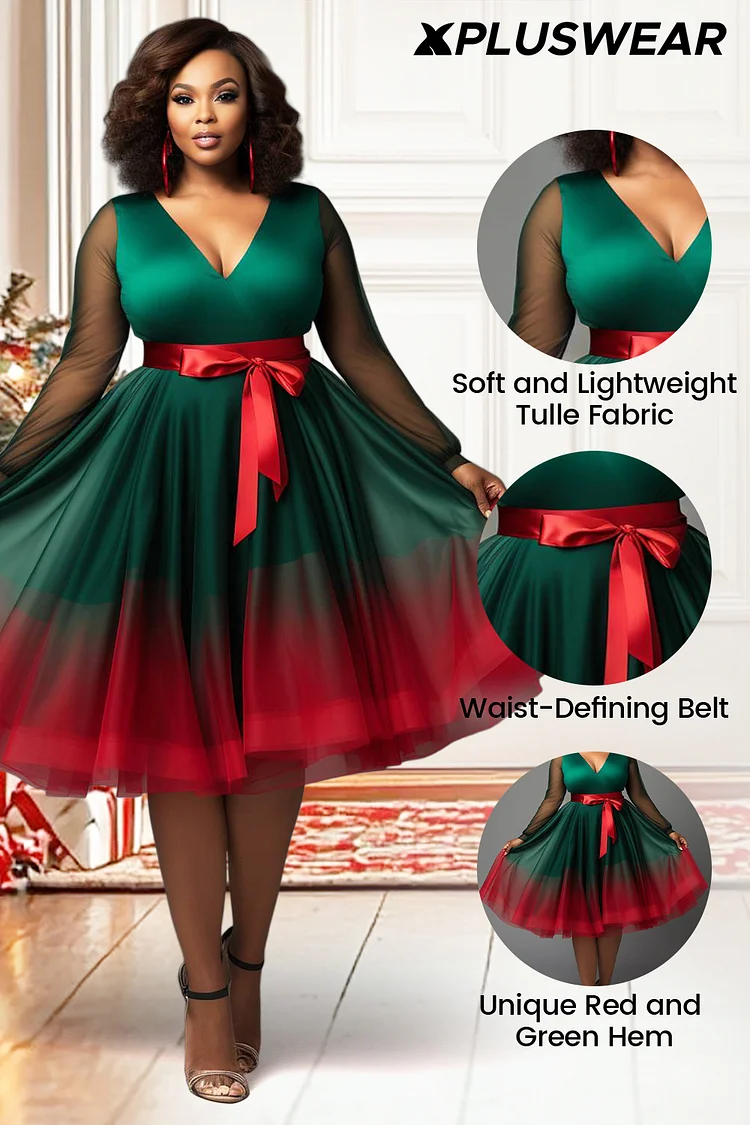 Xpluswear Design Plus Size Christmas Emerald Green Gradient V Neck Long Sleeve See Through Tulle Mini Dresses [Pre-Order]
