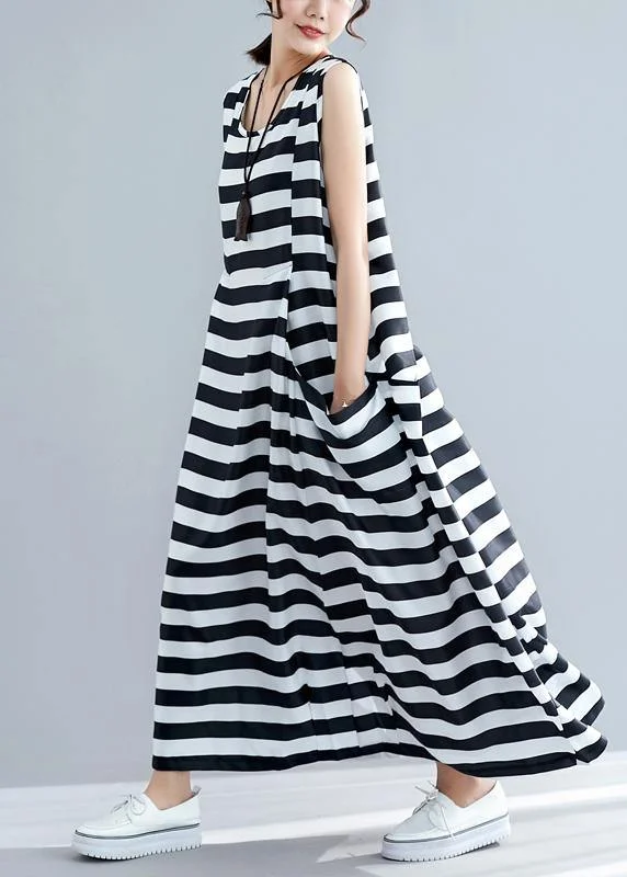 Loose sleeveless o neck black striped cotton robes Dress summer