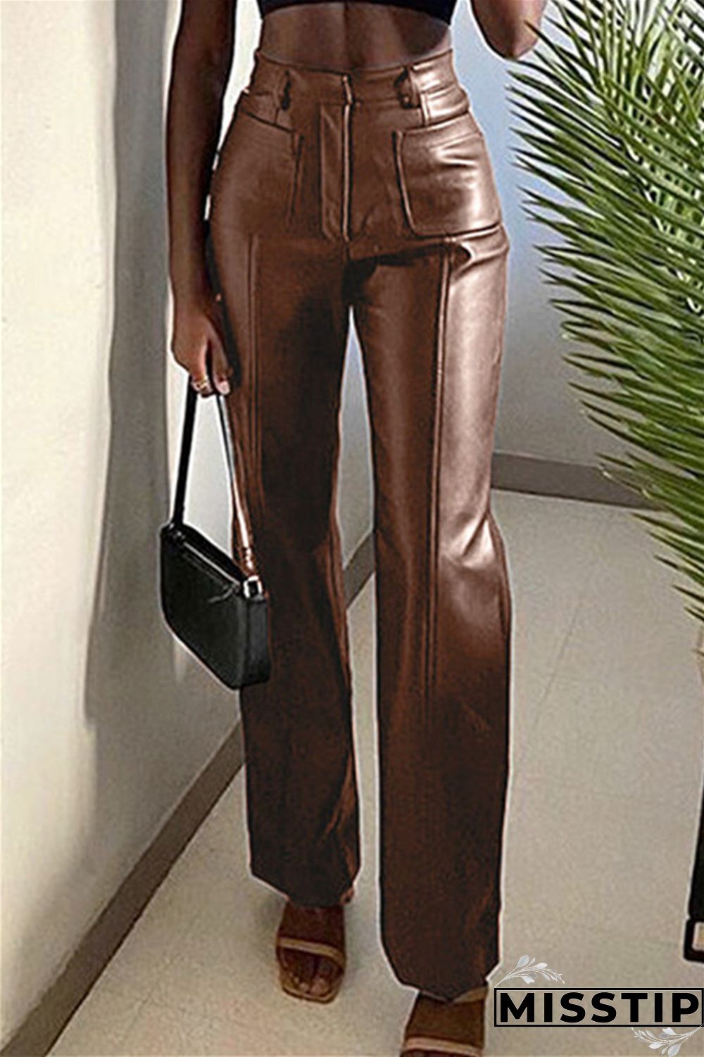 Black Fashion Casual Solid Patchwork Regular High Waist Trousers