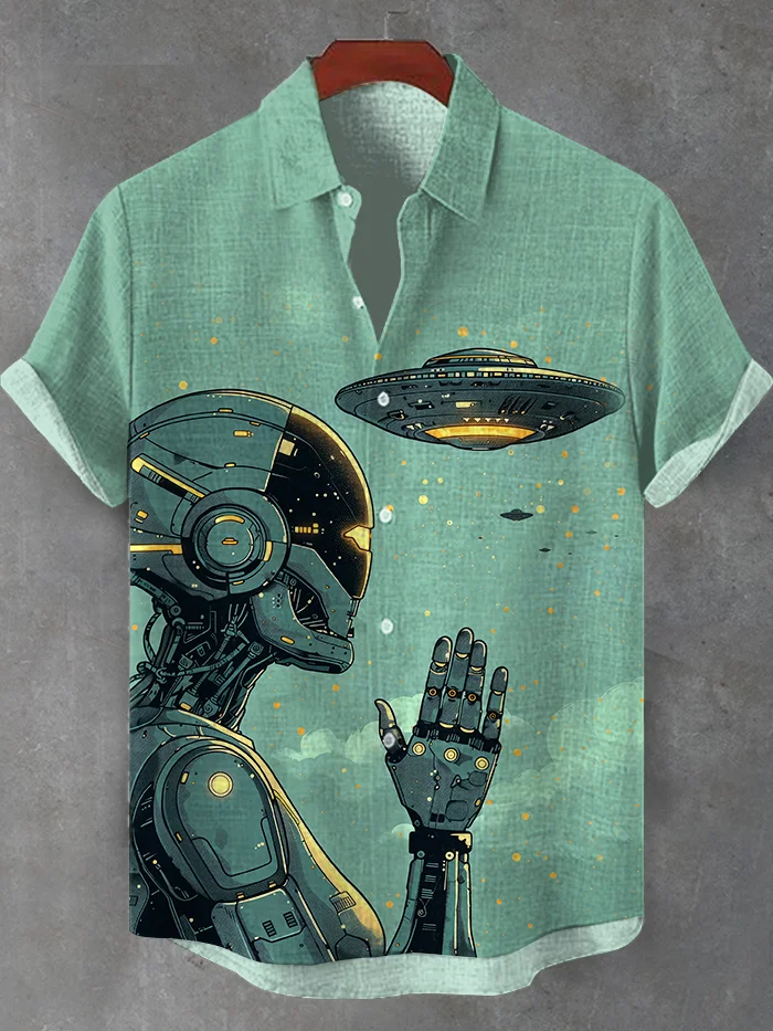 Men's Robot Salute UFO Cyberpunk Art Print Casual Shirt