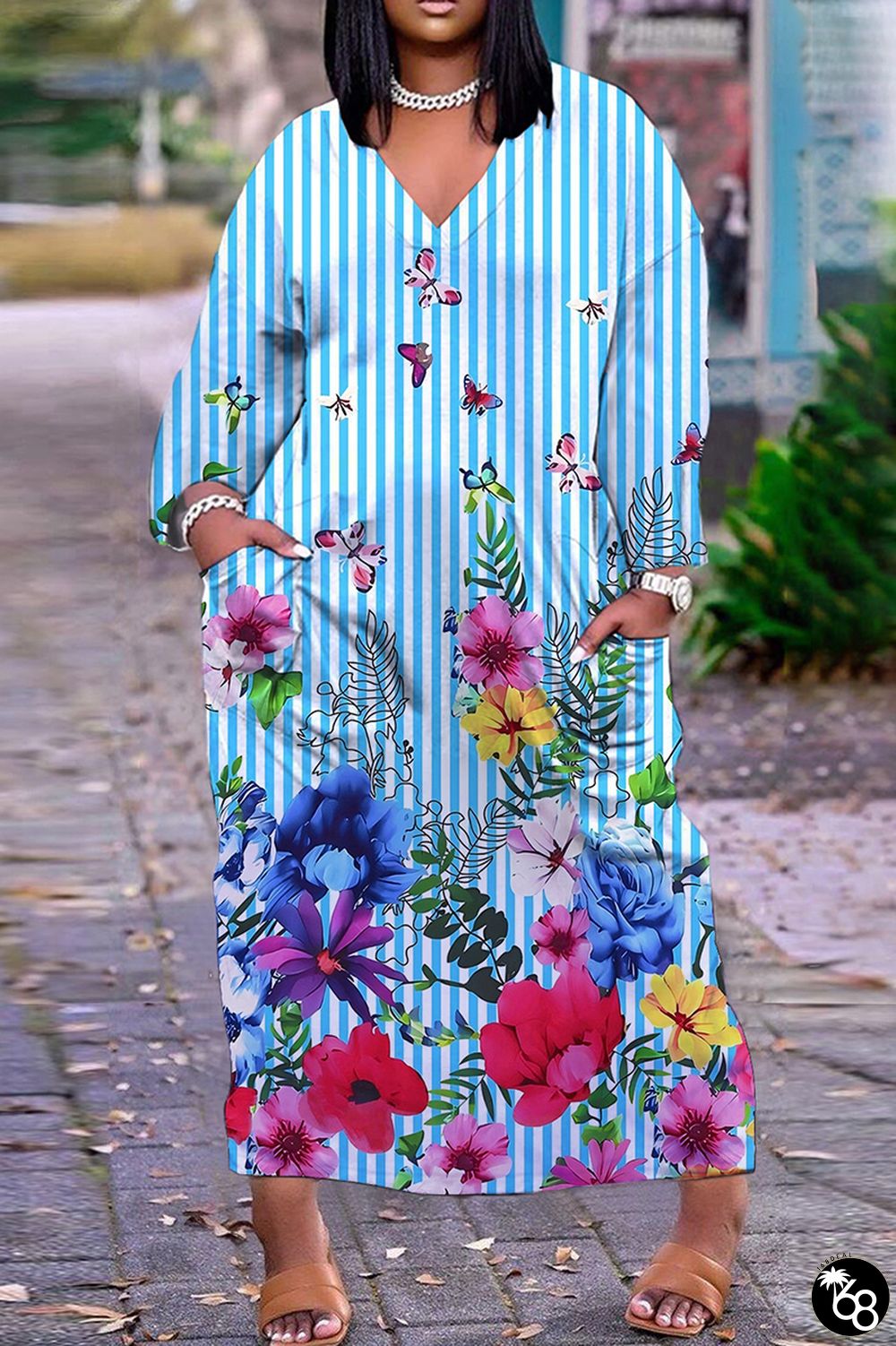 Light Blue Casual Print Patchwork V Neck Long Sleeve Dresses | 168DEAL
