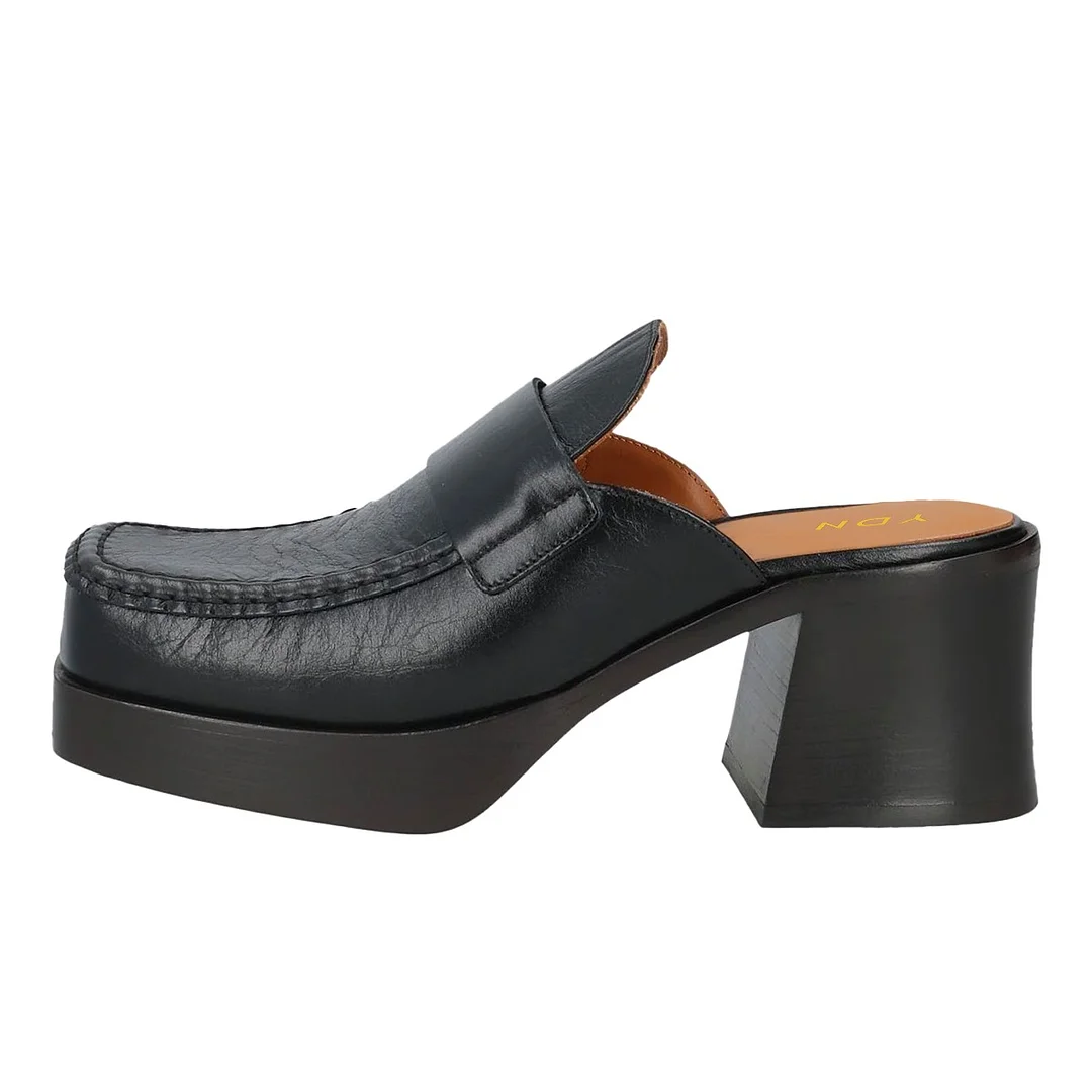 Black Square Toe Chunky Heel Slip On Mule Loafers with Platform
