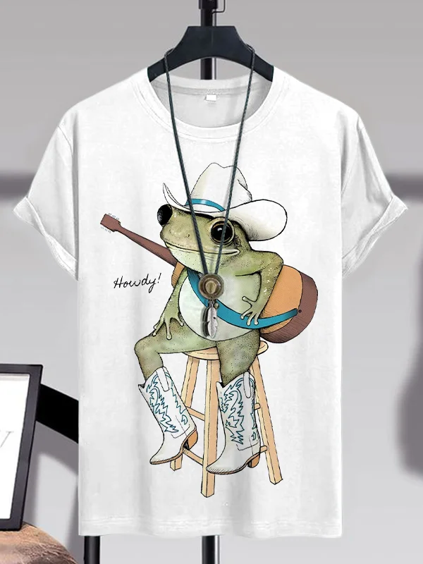 Men's Western Cowboy Frog Print Cotton Casual T-Shirt