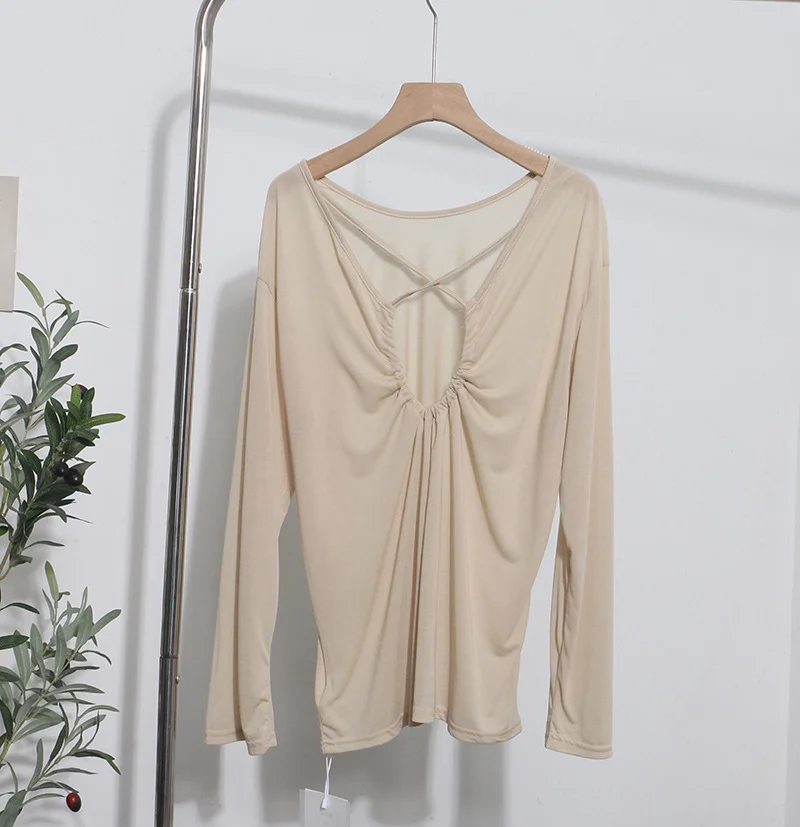 Brownm Real Shot Tiansi Mask Bare Back Long Sleeve Sunscreen Back Cross-Section Thin T-Shirt Shirt Top Woman 85830