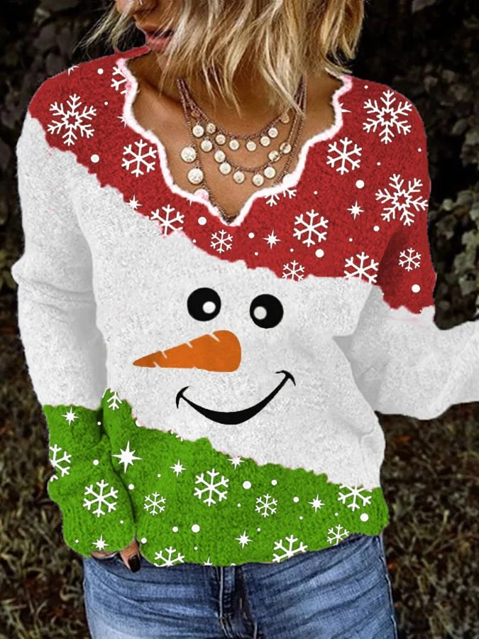 Women's   Snowman Print V-Neck Knit Top