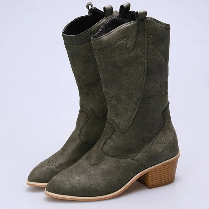 Women's Casual Solid Color Round Toe Mid Heel Mid-barrel Boots