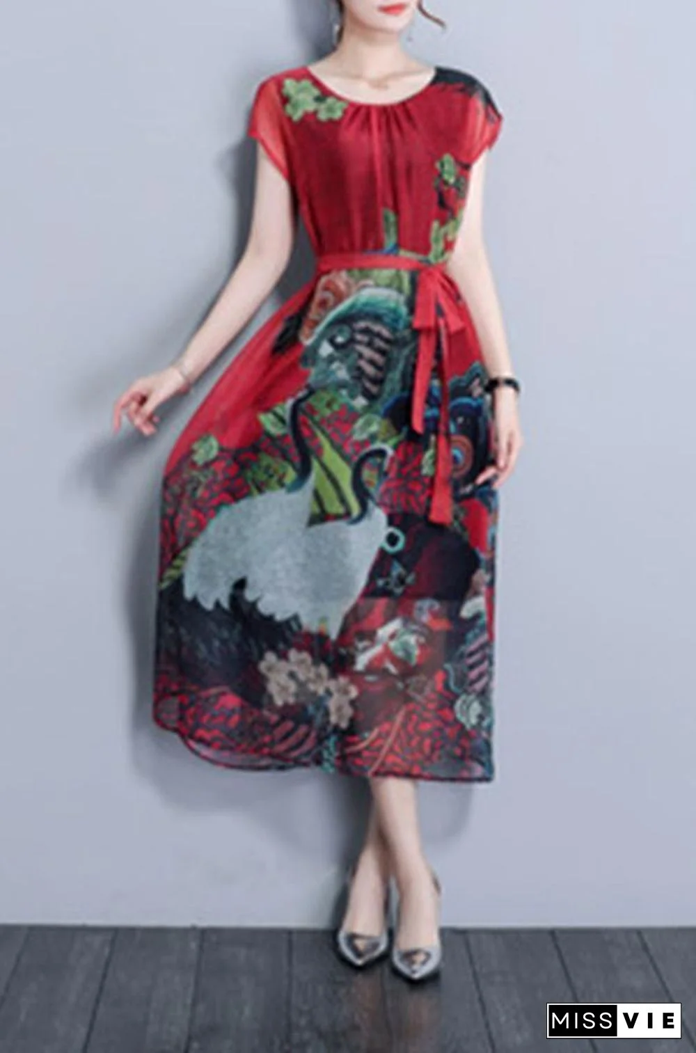 Women Vintage Printed Short Sleeve Mid-Long Dresses