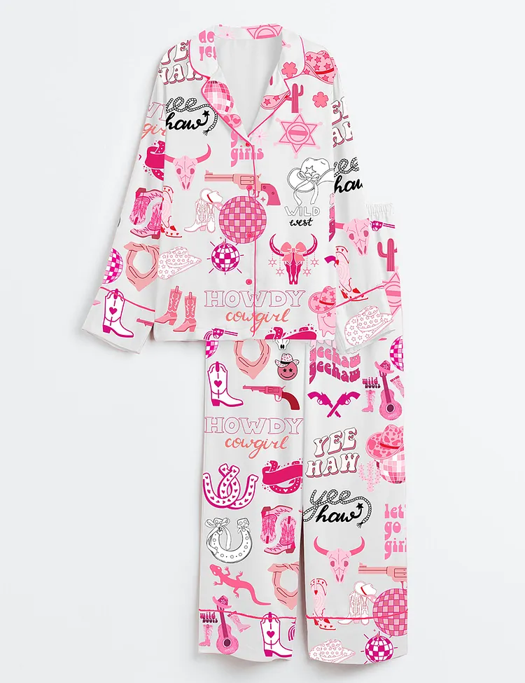 Women&rsquo;s Cowgirl Boots Hat Let's Go Girls Disco Cowgirl Western Long Sleeve Satin Pajama Set