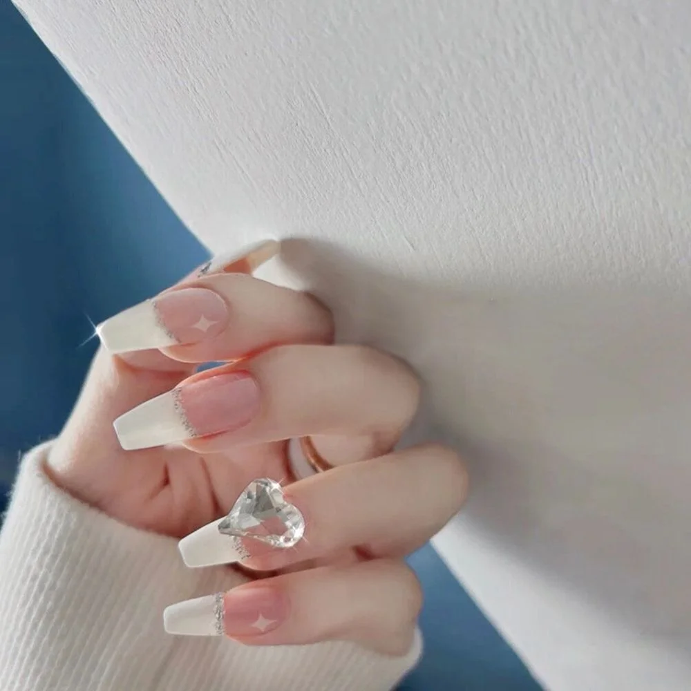 24Pcs/Box Detachable Almond Pink And White False Nails Wavy Style Stiletto Fake Nails Ballerina Coffin Full Cover Manicure Tool 406-Nail Inspo