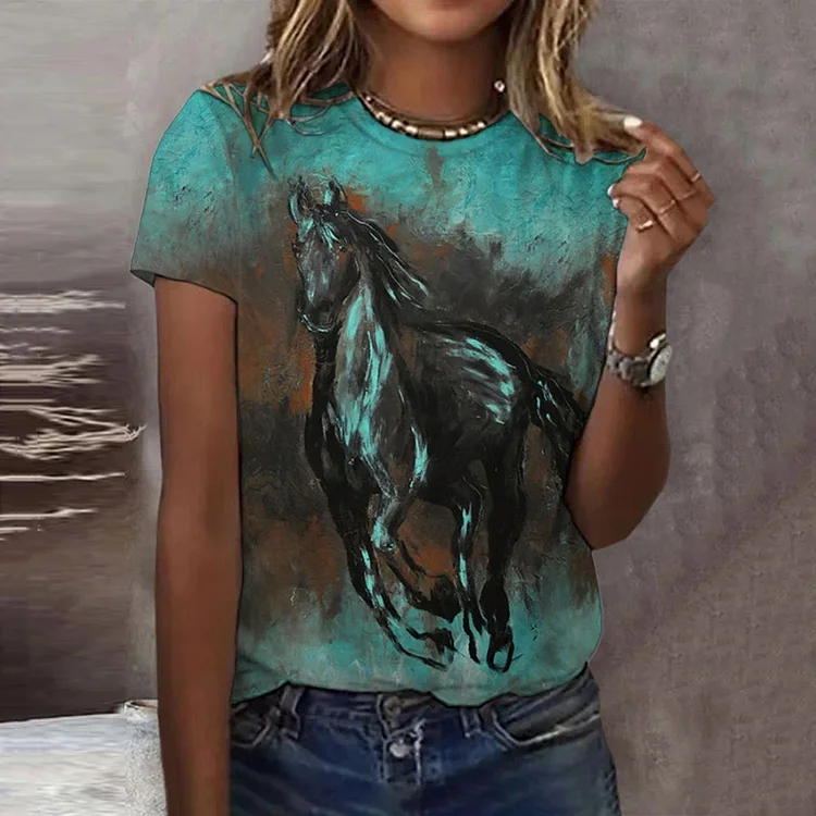 Comstylish Women's Horse Print Round Neck T-shirt