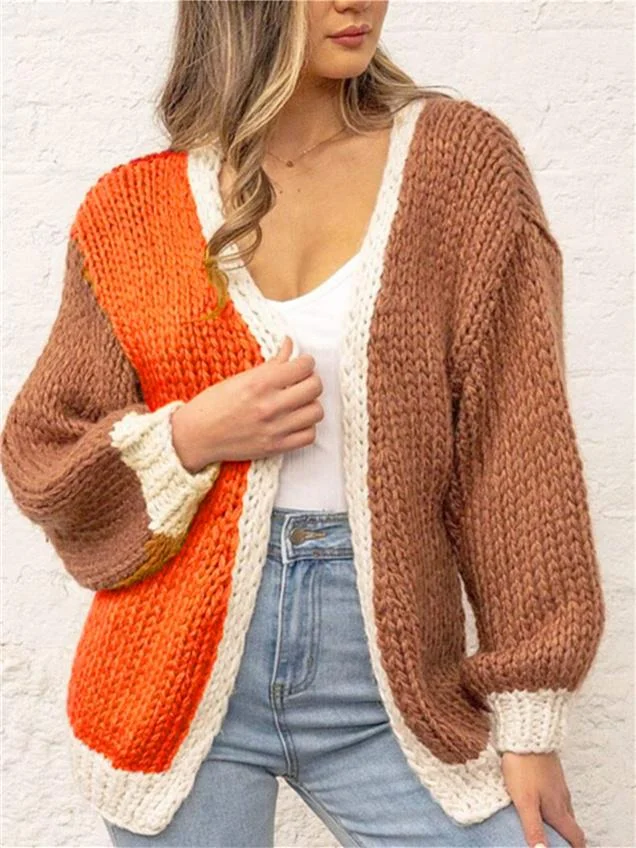 Women's Casual Colorblock Cardigan Long Sleeve Sweater Top