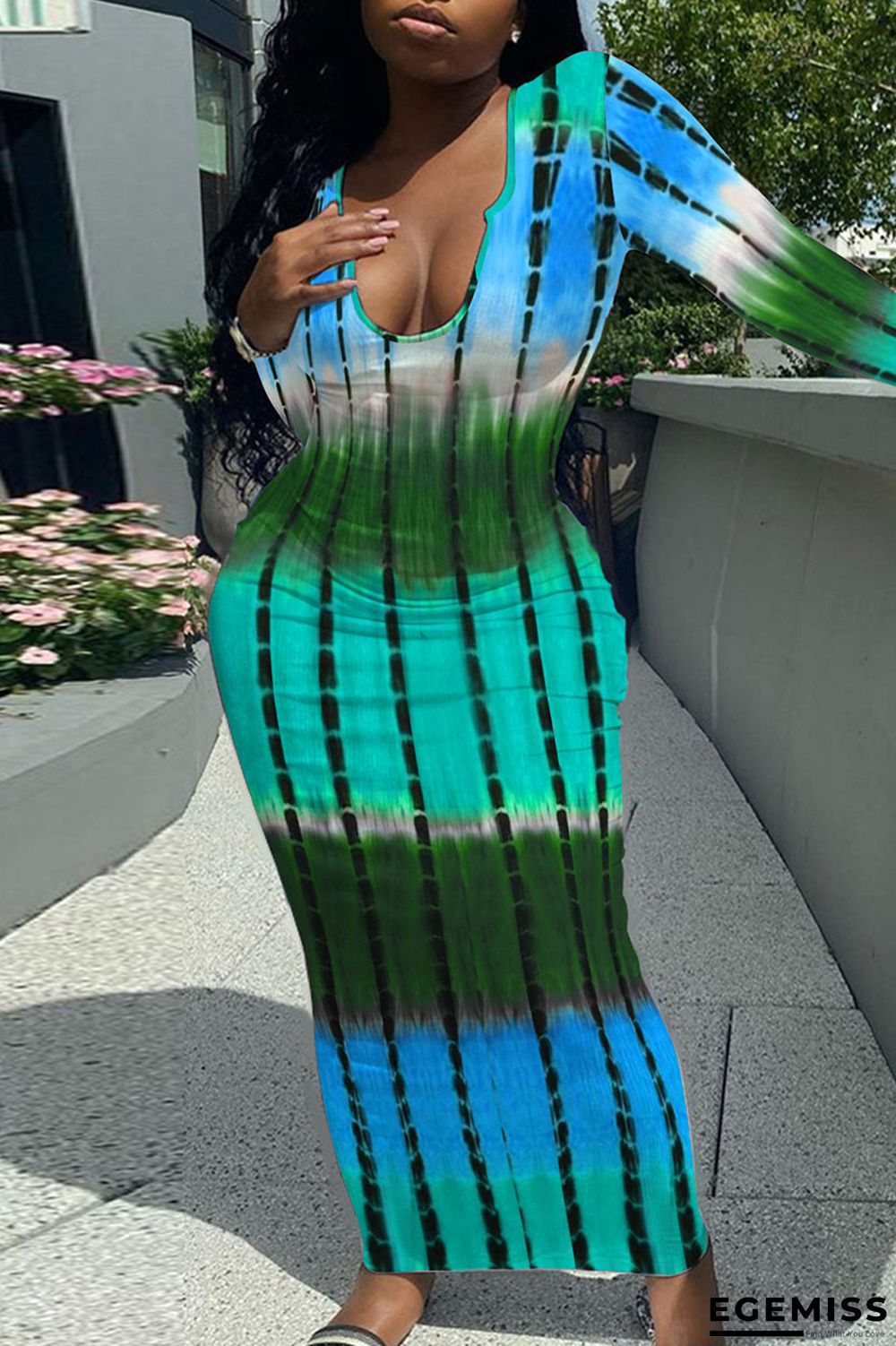 Blue Casual Striped Print Patchwork U Neck Pencil Skirt Dresses | EGEMISS