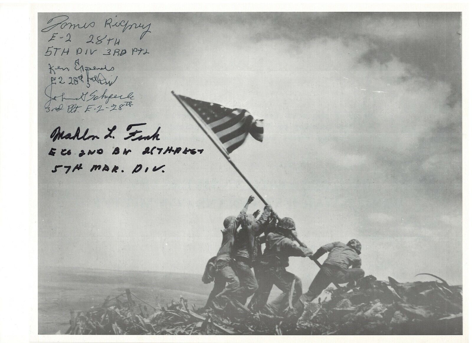 JAMES RIGNEY,KEN ESPENES,JOHN SCHEPERLE & MAHLON FINK IWO JIMA VETS SIGNED Photo Poster painting