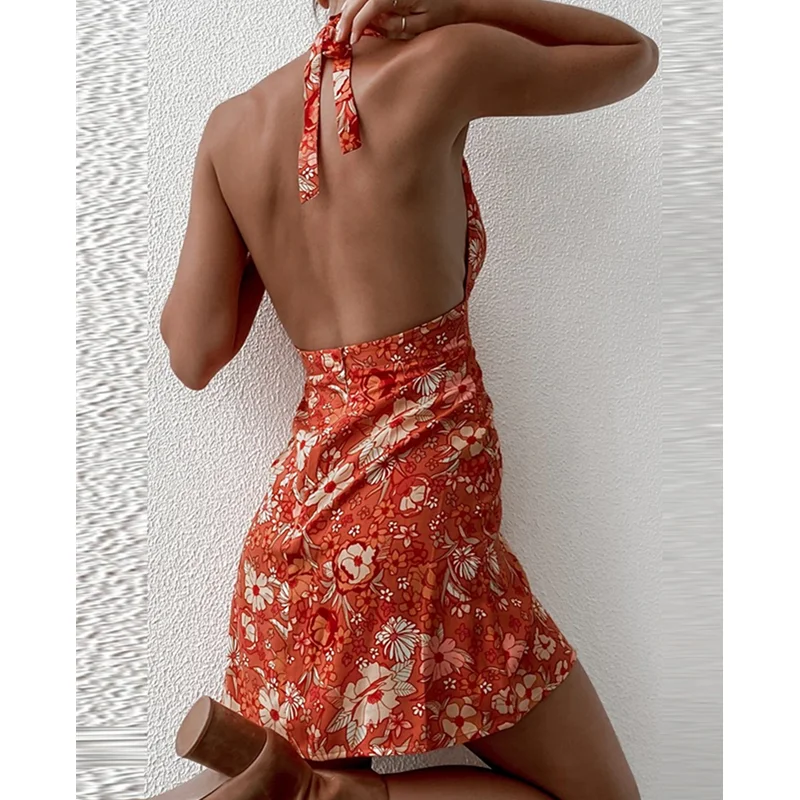 Women Floral Print Sleeveless Halter Neck Boho Deep V Neck Backless A Line Sundress Mini Dresses
