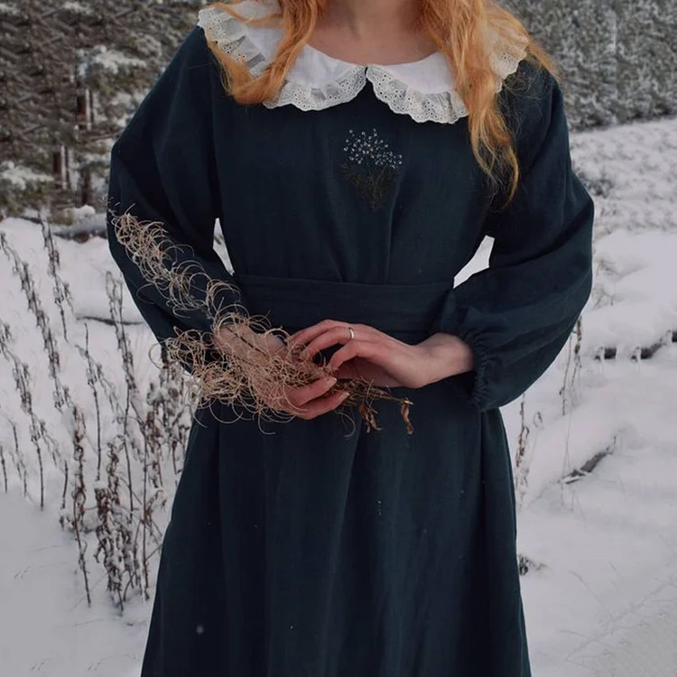 🔥kukelife🔥Vintage Lace Floral Embroidery Cotton Linen Maxi Dress
