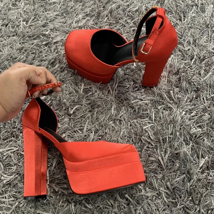 2022 Brand Fashion Women Pumps Sexy Chunky High Heels Sandals Platform Dress Shoes Party Wedding Shoes Woman Buckle Rhinestone