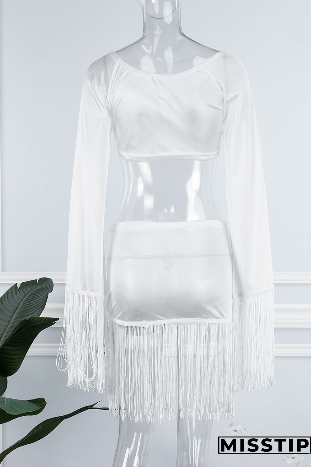 Black Sexy Solid Tassel Patchwork V Neck Long Sleeve Two Pieces