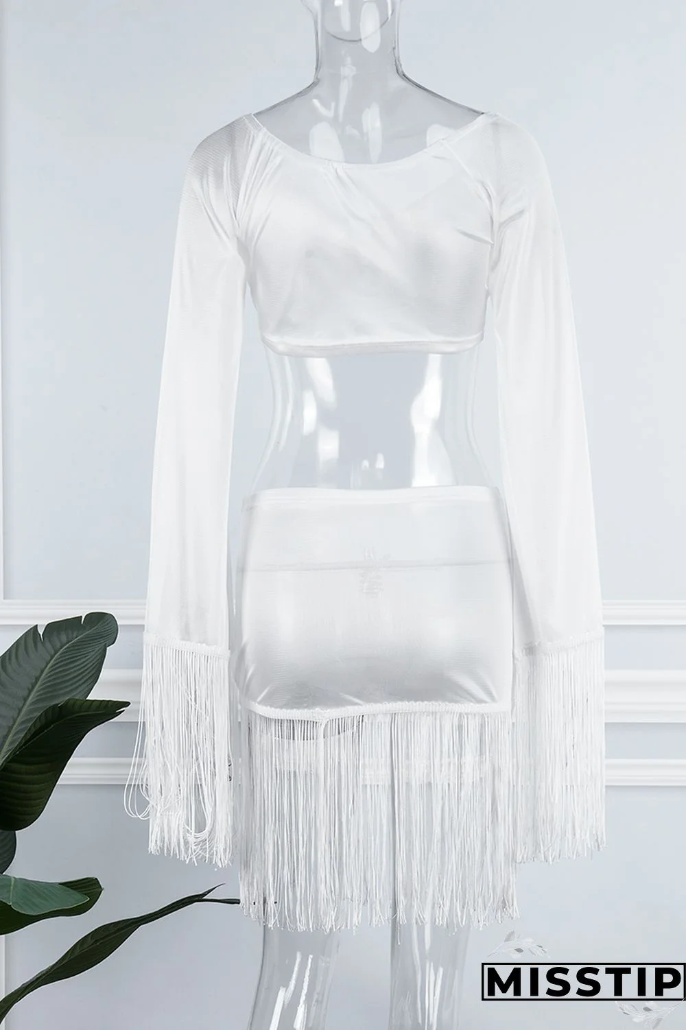 Black Sexy Solid Tassel Patchwork V Neck Long Sleeve Two Pieces