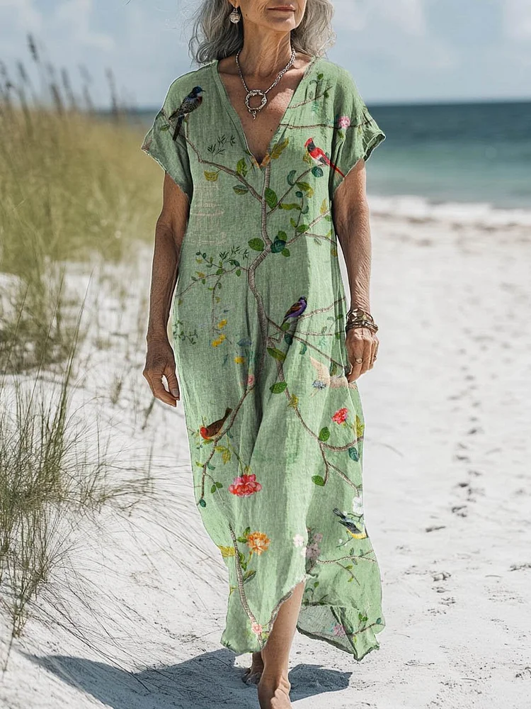 Women's Vintage Lovely Floral Birds Art Print Pocket Cotton Dress