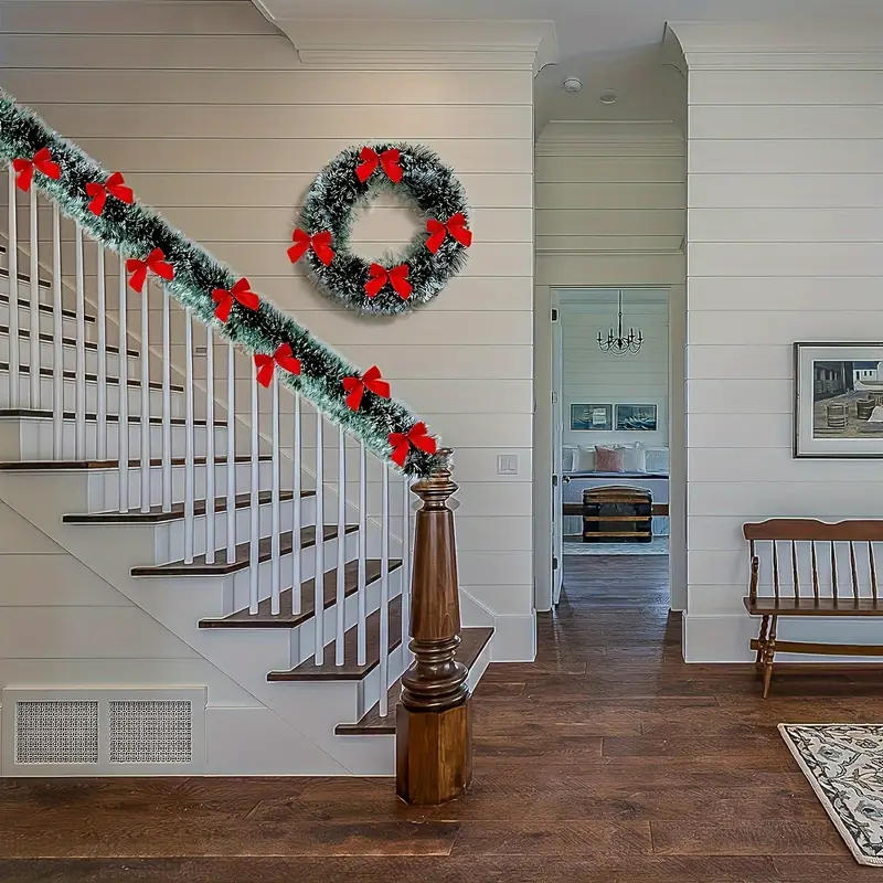 Tegooe Classic Christmas Tinsel Garland and Red Bow Set - Festive Tree Hanging Decorations