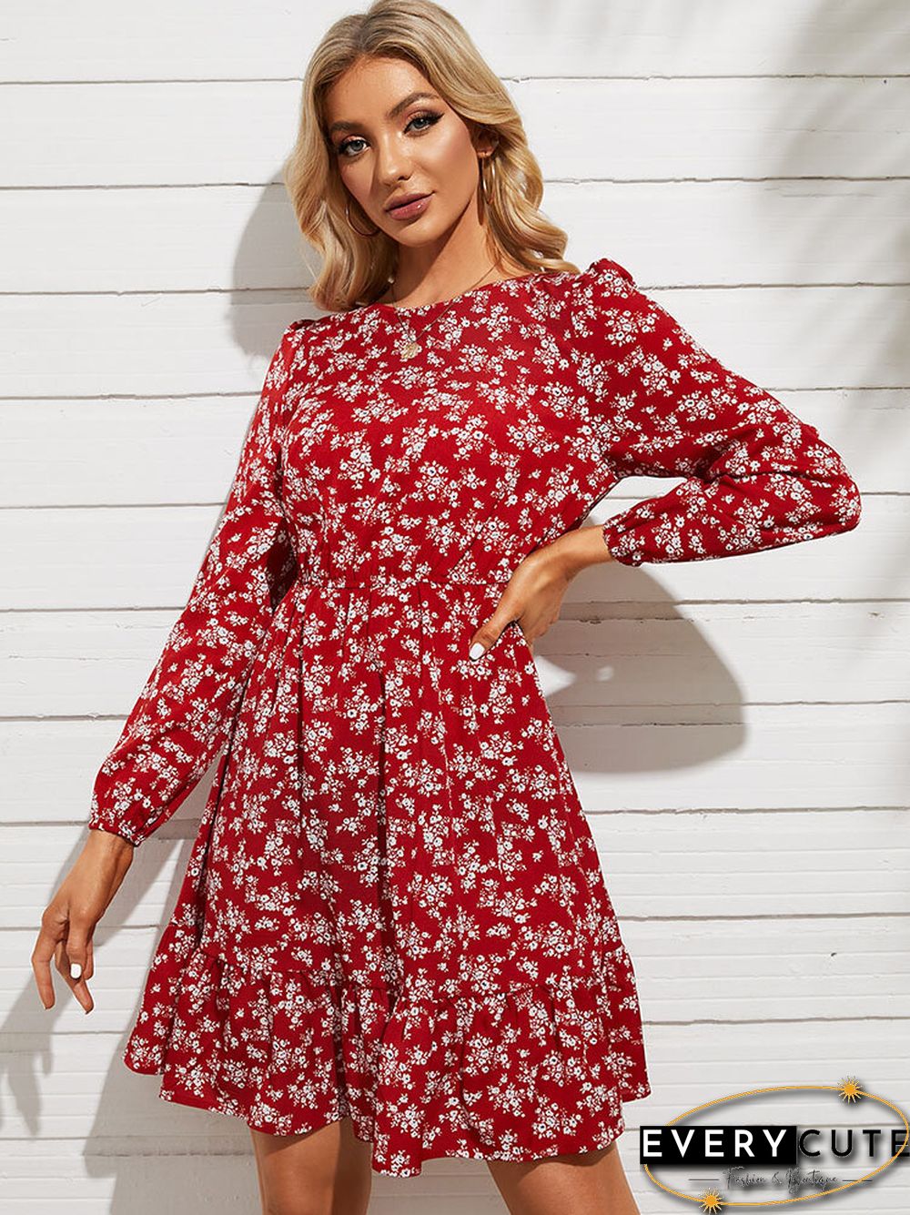 Floral Print Long Sleeve Elastic Waist Crew Neck Dress