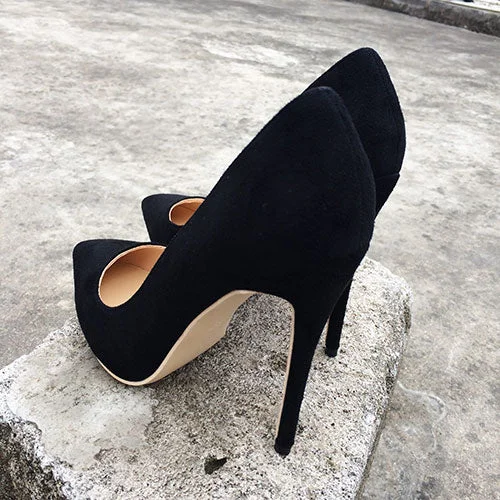 LOURDASPREC Women Suede Stilettos Pumps Elegant Ladies Pointed Toe Classic High Heels Sexy OL Slip on Shoes Black Customized Accept