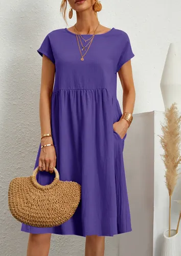 Women Cap Sleeve Pocket Midi Dress Round Neck Loose Casual Cotton Linen Summer Vacation Dress