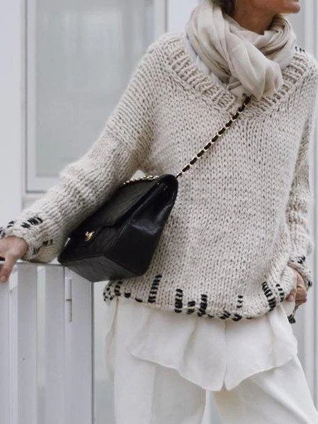 Casual V Neck Long Sleeve Sweater | EGEMISS