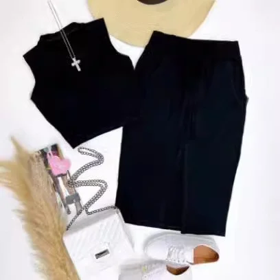 Uveng Uveng New Women's Wear Sleeveless Round Collar Splicing Belt Pocket Slit Short Skirt Two-Piece Set