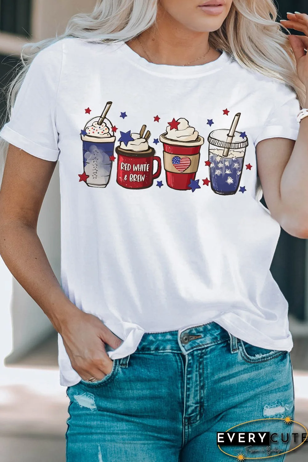 White Coffee Cups Graphic Print 4th of July Graphic T Shirt