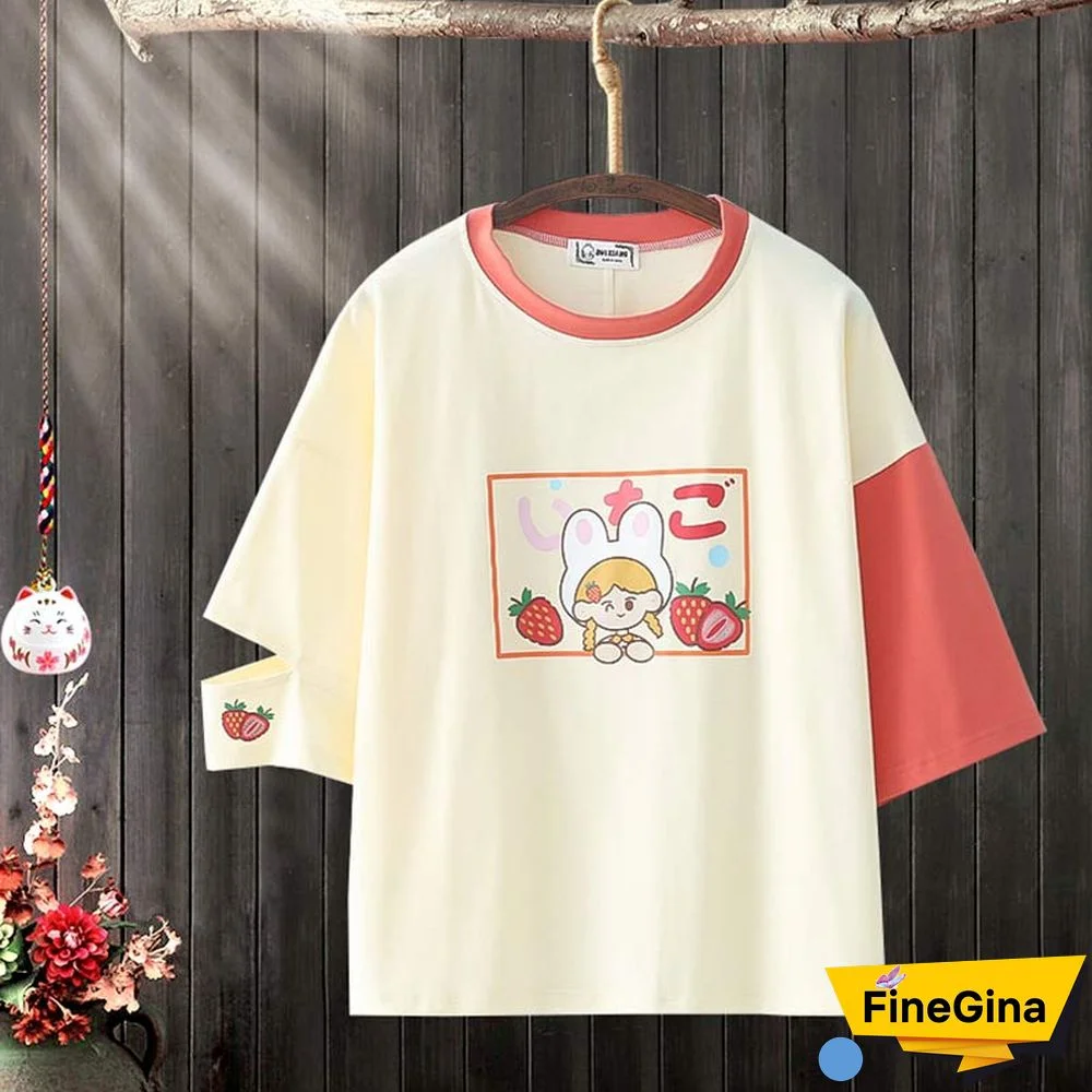 Cartoon Bunny Print Casual T-Shirt Denim Shorts Set